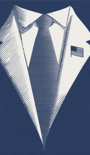 Engraved illustration of a suit and tie with a flag pin